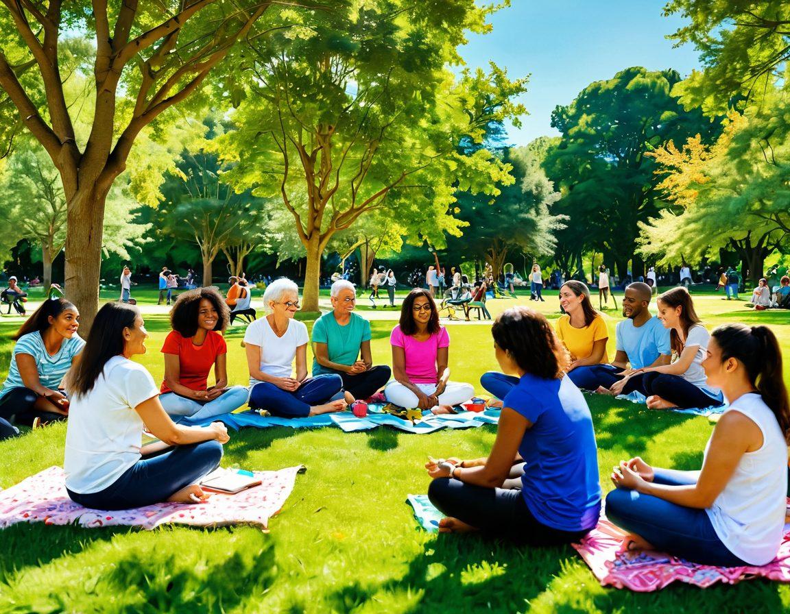 A vibrant community scene showcasing diverse people of all ages engaging in various supportive activities, such as sharing ideas, collaborating on art projects, and practicing mindfulness in a sunny park. The image should radiate positivity, connection, and personal growth, with lush green trees and colorful flowers in the background, symbolizing nurturing and harmony. super-realistic. vibrant colors. cheerful atmosphere.