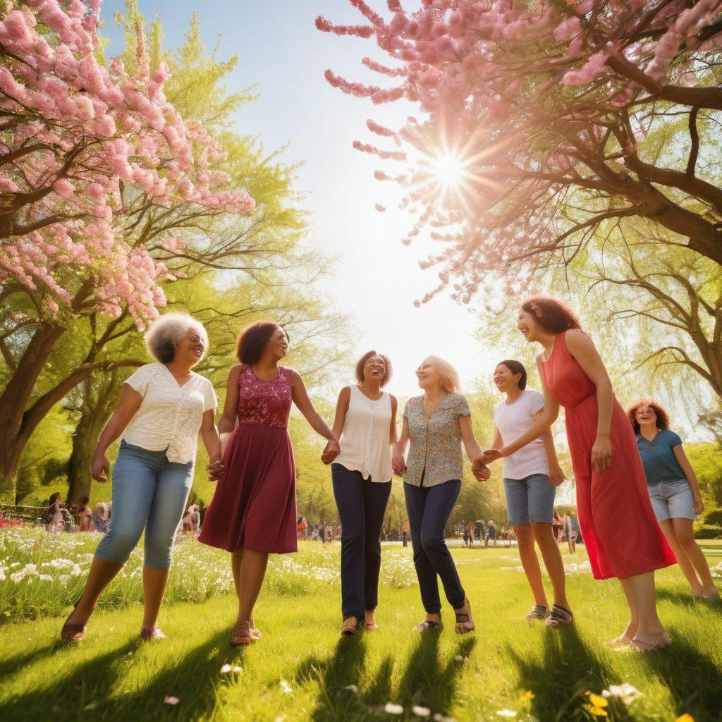 A diverse group of people of varying ages and backgrounds sharing laughter in a sunlit park, surrounded by blooming flowers and trees. They hold hands and engage in joyful conversations, exuding warmth and connection. In the background, a quote on happiness is artistically written in the sky. soft focus. vibrant colors. nature-inspired.