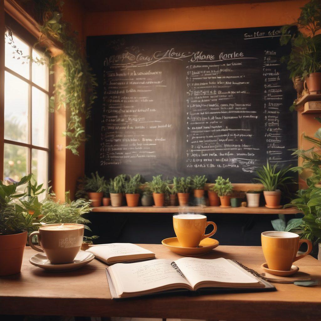 A cozy coffee shop setting with diverse people engaged in uplifting conversations, surrounded by plants and warm lighting. Include a visible chalkboard with inspiring quotes about joy and emotional health. Showcase a steaming cup of coffee and an open notebook with written thoughts. The atmosphere should feel welcoming and vibrant, emphasizing connection and positivity. super-realistic. warm colors. soft focus.